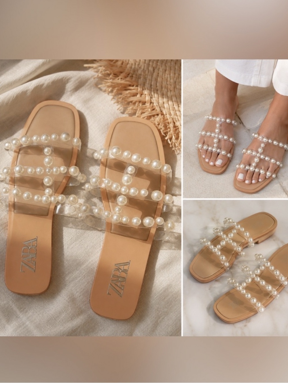 ZARA Nude Pearl-Strap Slide Sandals